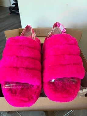 UGG Hot Pink Fuzz Slide Sandals